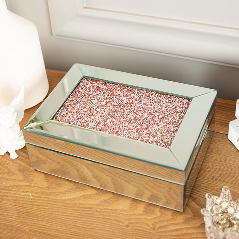 Anpassad speglad prydnadsföremål smyckeskrin Dam smyckeskrin Organizer med kristall